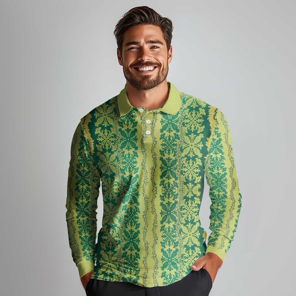 Hawaii Lei with Tribal Quilt Motif Long Sleeve Polo Shirt