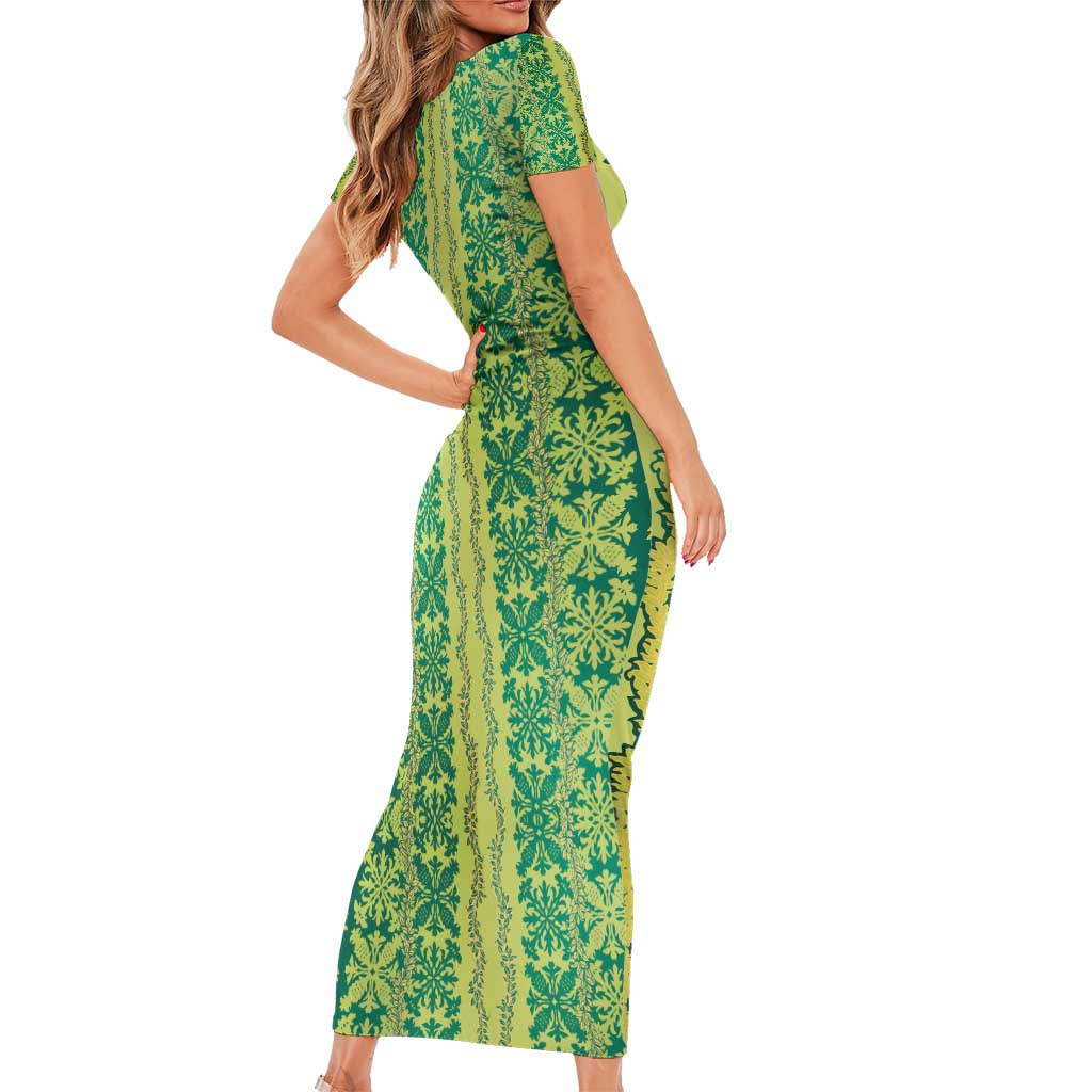 Hawaii Lei with Tribal Quilt Motif Short Sleeve Bodycon Dress