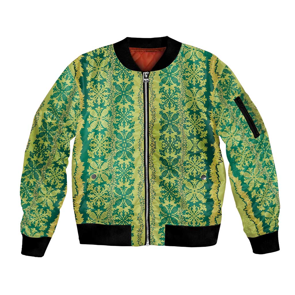 Hawaii Lei with Tribal Quilt Motif Sleeve Zip Bomber Jacket