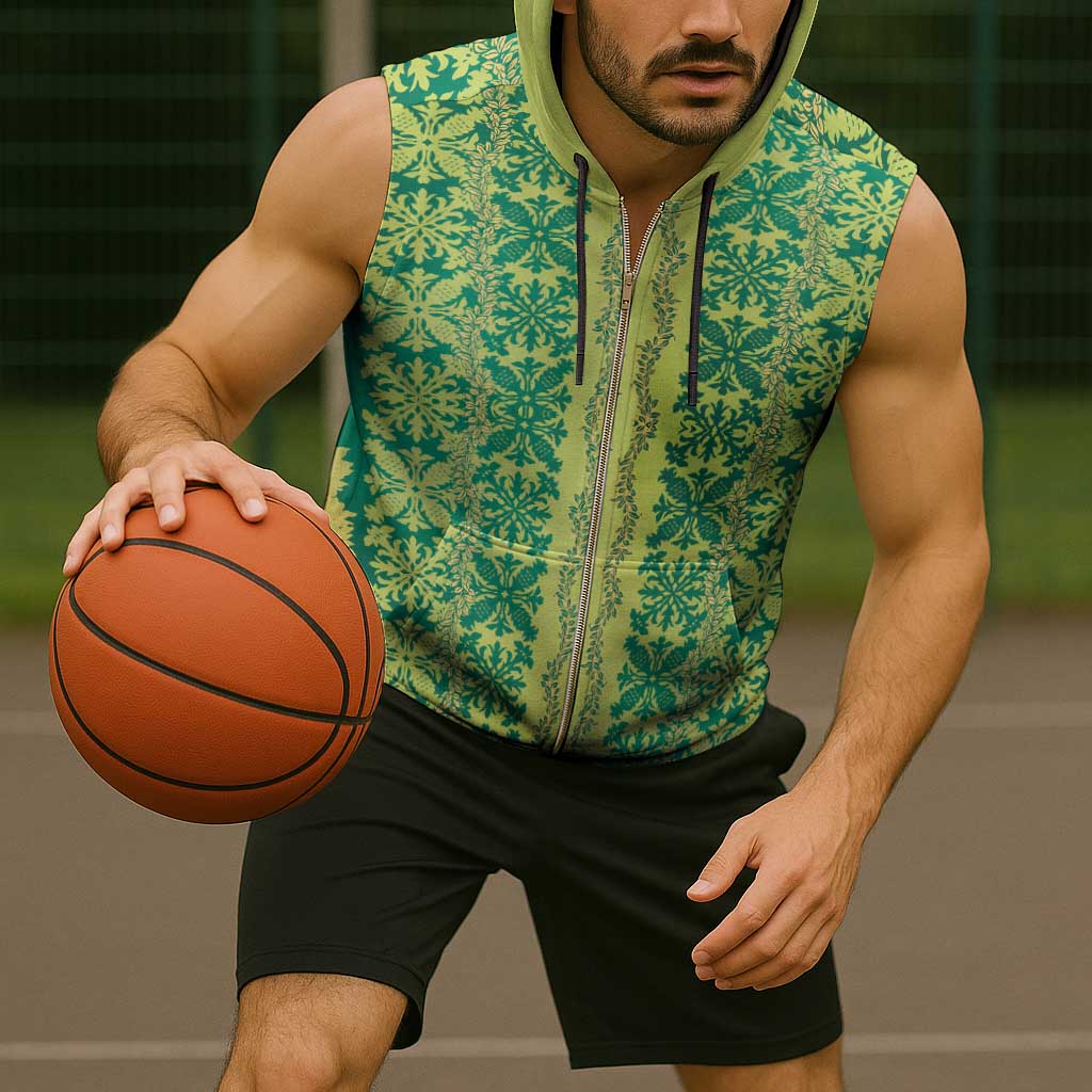Hawaii Lei with Tribal Quilt Motif Sleeveless Zip Hoodie - Polynesian Pride