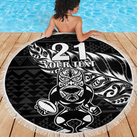 New Zealand Rugby Warrior Custom Beach Blanket Black Fern Taniko Motif