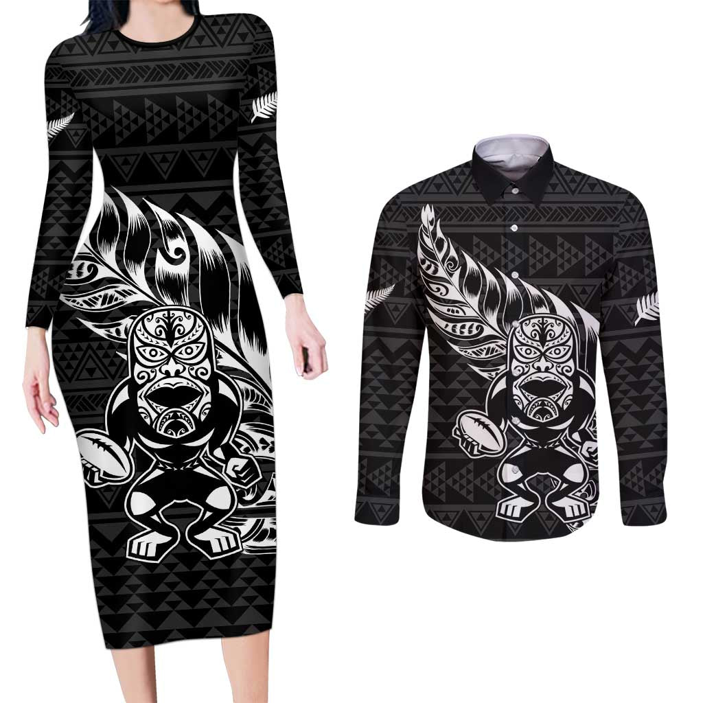 New Zealand Rugby Warrior Custom Couples Matching Long Sleeve Bodycon Dress and Long Sleeve Button Shirt Black Fern Taniko Motif