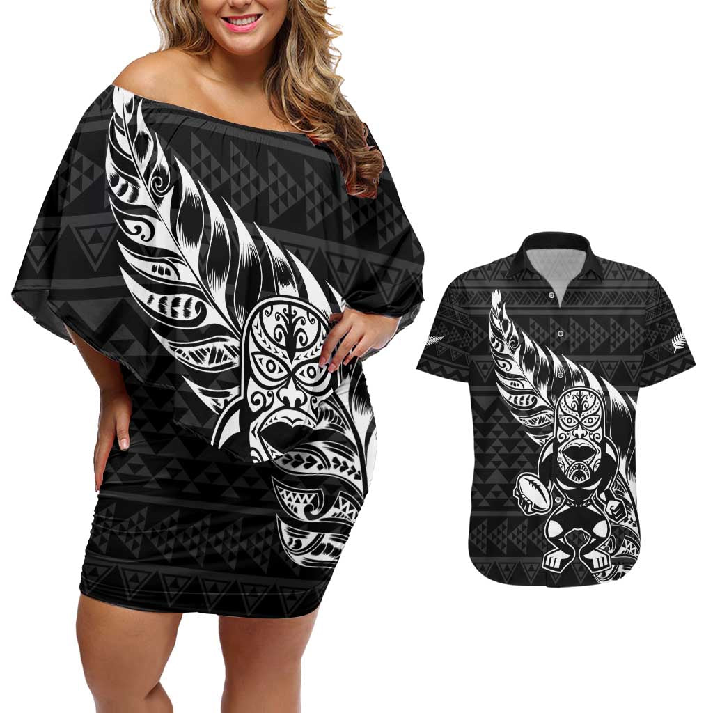 New Zealand Rugby Warrior Custom Couples Matching Off Shoulder Short Dress and Hawaiian Shirt Black Fern Taniko Motif
