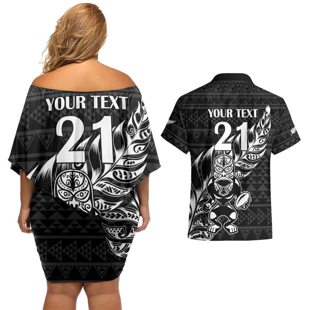 New Zealand Rugby Warrior Custom Couples Matching Off Shoulder Short Dress and Hawaiian Shirt Black Fern Taniko Motif