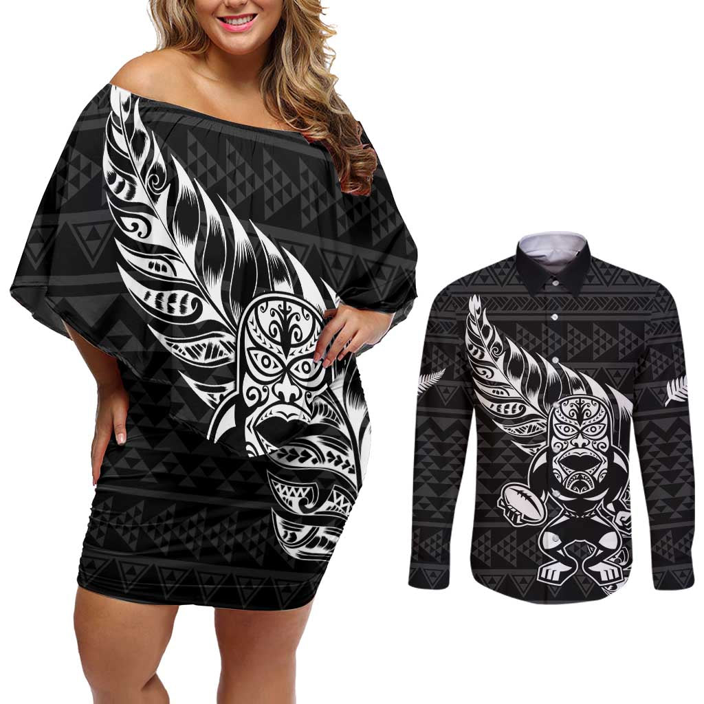 New Zealand Rugby Warrior Custom Couples Matching Off Shoulder Short Dress and Long Sleeve Button Shirt Black Fern Taniko Motif