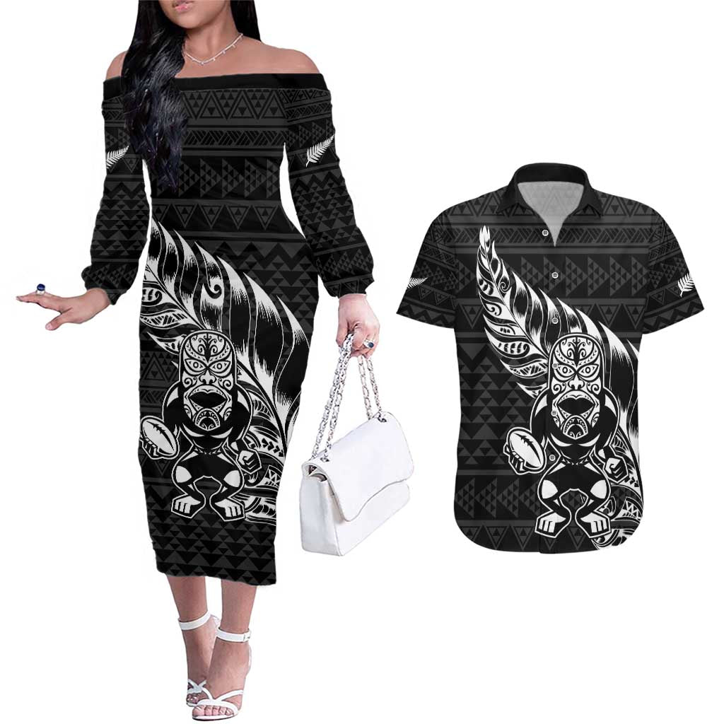 New Zealand Rugby Warrior Custom Couples Matching Off The Shoulder Long Sleeve Dress and Hawaiian Shirt Black Fern Taniko Motif