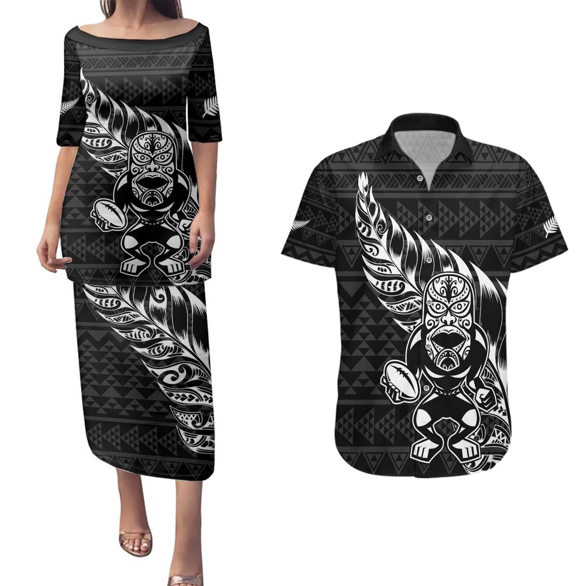 New Zealand Rugby Warrior Custom Couples Matching Puletasi and Hawaiian Shirt Black Fern Taniko Motif