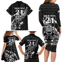 New Zealand Rugby Warrior Custom Family Matching Long Sleeve Bodycon Dress and Hawaiian Shirt Black Fern Taniko Motif