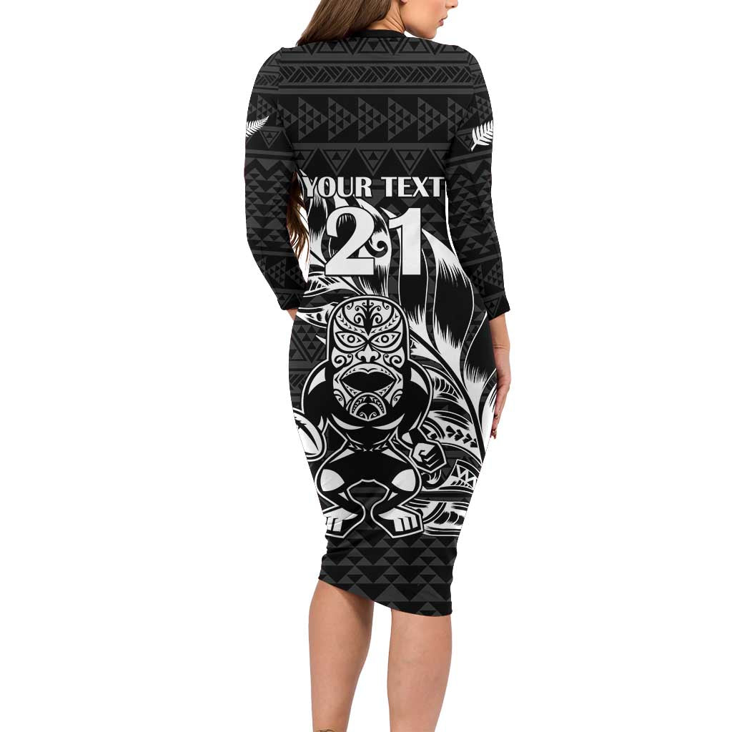 New Zealand Rugby Warrior Custom Family Matching Long Sleeve Bodycon Dress and Hawaiian Shirt Black Fern Taniko Motif