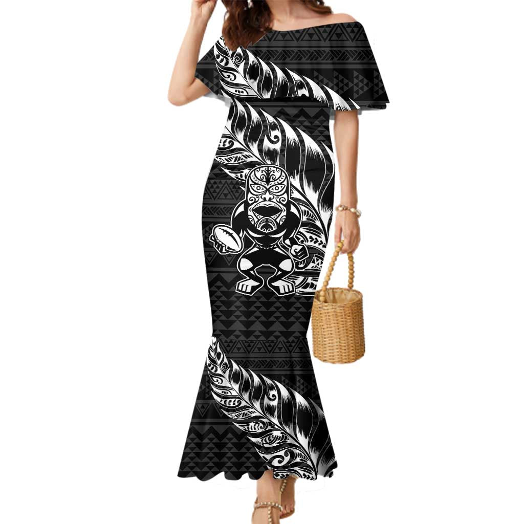New Zealand Rugby Warrior Custom Family Matching Mermaid Dress and Hawaiian Shirt Black Fern Taniko Motif