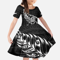 New Zealand Rugby Warrior Custom Family Matching Off The Shoulder Long Sleeve Dress and Hawaiian Shirt Black Fern Taniko Motif