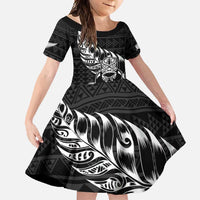 New Zealand Rugby Warrior Custom Family Matching Off Shoulder Maxi Dress and Hawaiian Shirt Black Fern Taniko Motif
