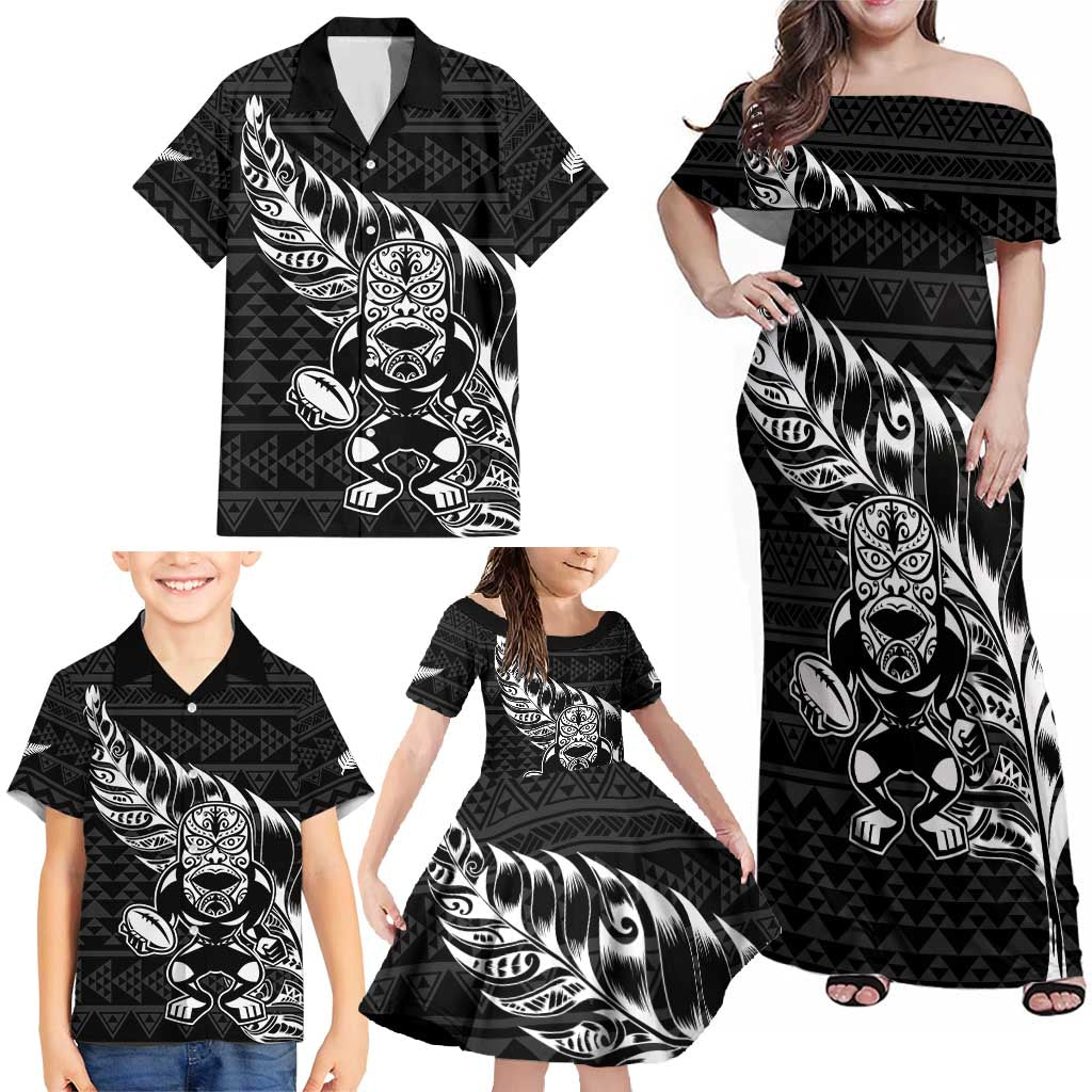 New Zealand Rugby Warrior Custom Family Matching Off Shoulder Maxi Dress and Hawaiian Shirt Black Fern Taniko Motif