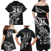 New Zealand Rugby Warrior Custom Family Matching Off Shoulder Maxi Dress and Hawaiian Shirt Black Fern Taniko Motif