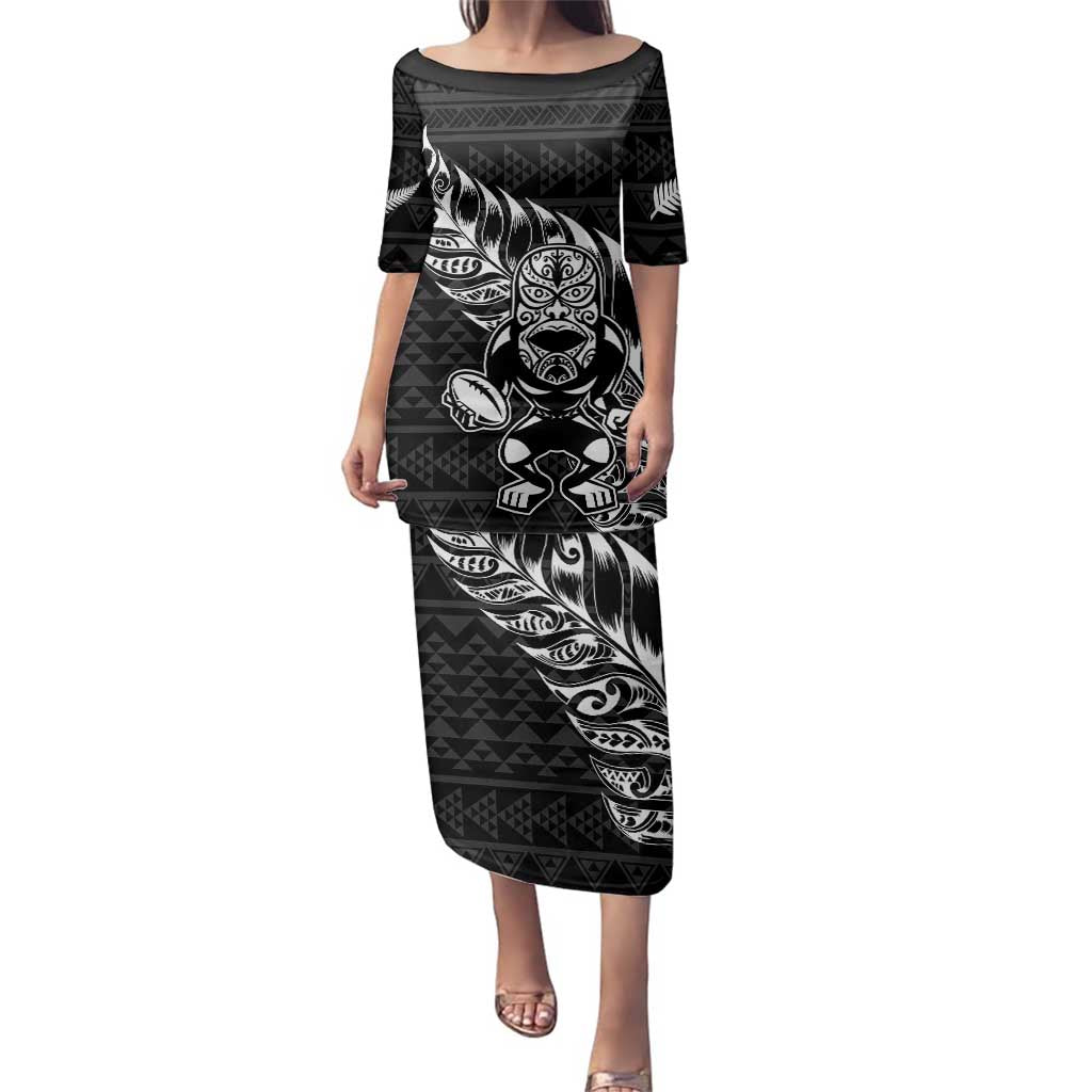 New Zealand Rugby Warrior Custom Family Matching Puletasi and Hawaiian Shirt Black Fern Taniko Motif