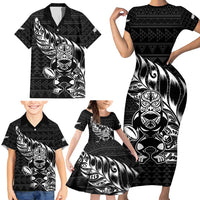 New Zealand Rugby Warrior Custom Family Matching Short Sleeve Bodycon Dress and Hawaiian Shirt Black Fern Taniko Motif