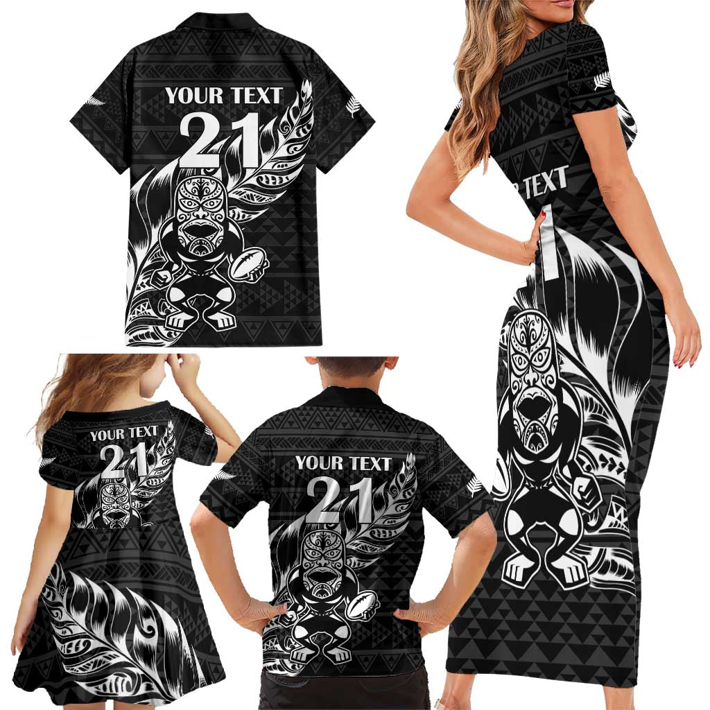 New Zealand Rugby Warrior Custom Family Matching Short Sleeve Bodycon Dress and Hawaiian Shirt Black Fern Taniko Motif