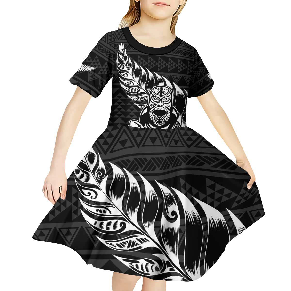 New Zealand Rugby Warrior Custom Kid Short Sleeve Dress Black Fern Taniko Motif