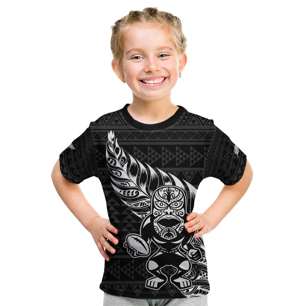 New Zealand Rugby Warrior Custom Kid T Shirt Black Fern Taniko Motif