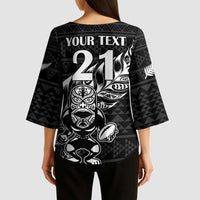 New Zealand Rugby Warrior Custom Kimono Sleeve Blouse Black Fern Taniko Motif - Polynesian Pride