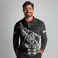 New Zealand Rugby Warrior Custom Long Sleeve Polo Shirt Black Fern Taniko Motif
