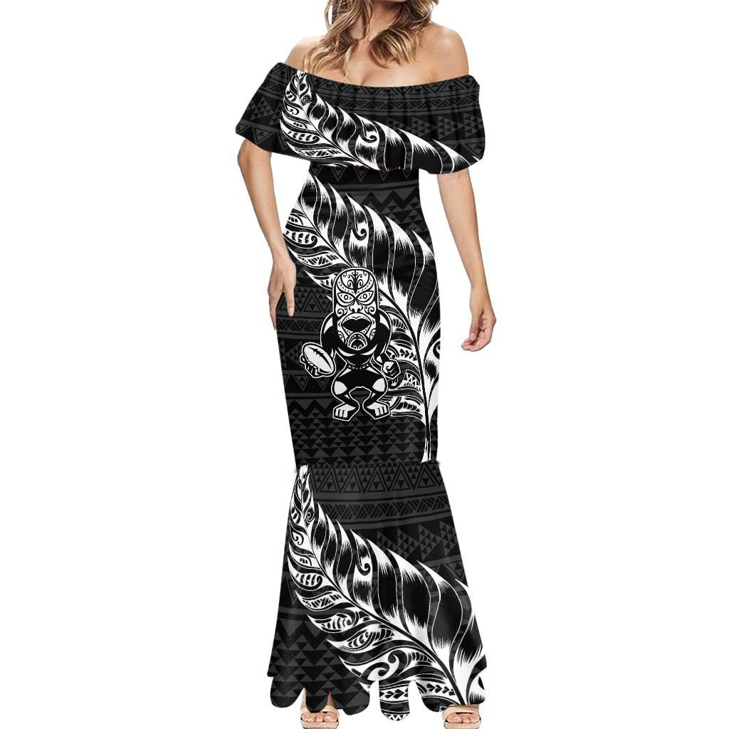 New Zealand Rugby Warrior Custom Mermaid Dress Black Fern Taniko Motif