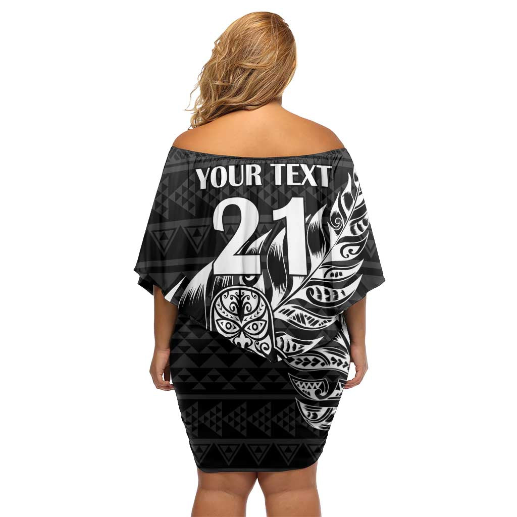 New Zealand Rugby Warrior Custom Off Shoulder Short Dress Black Fern Taniko Motif