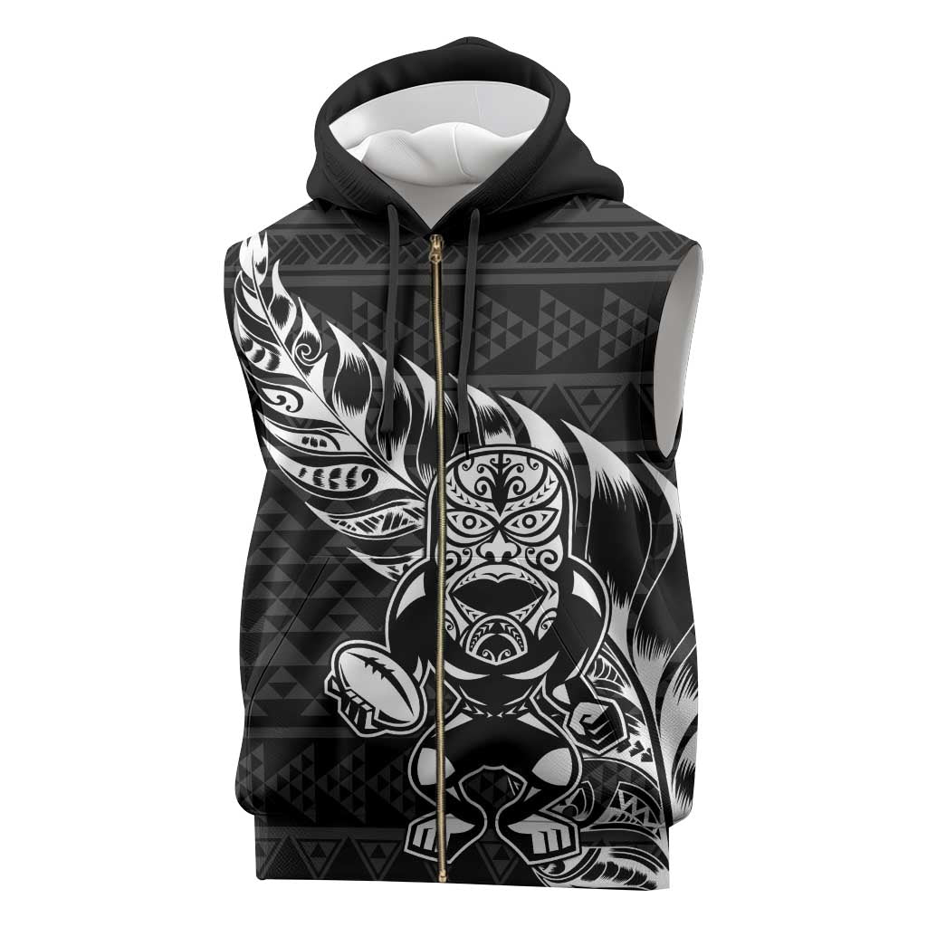 New Zealand Rugby Warrior Custom Sleeveless Zip Hoodie Black Fern Taniko Motif - Polynesian Pride