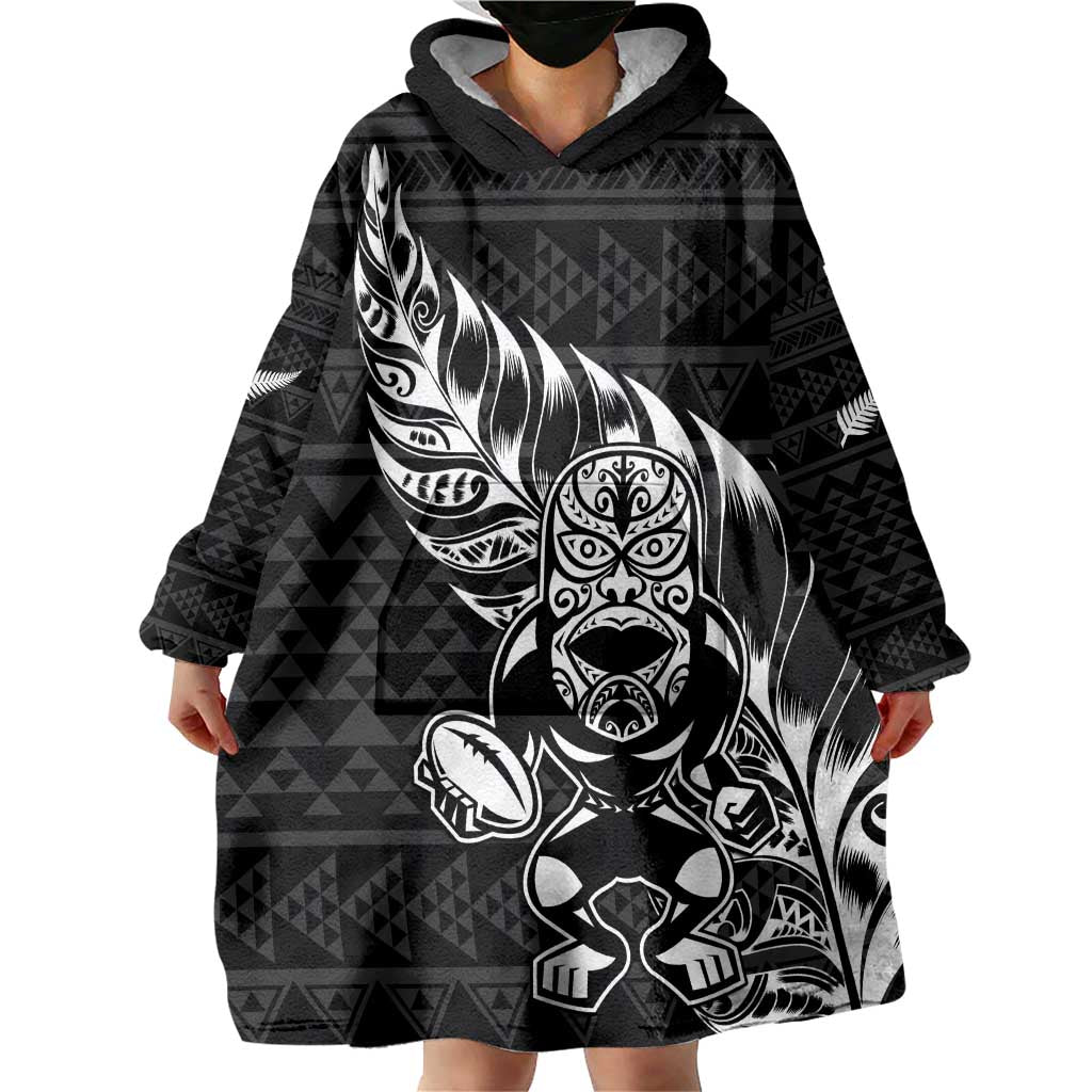 New Zealand Rugby Warrior Custom Wearable Blanket Hoodie Black Fern Taniko Motif