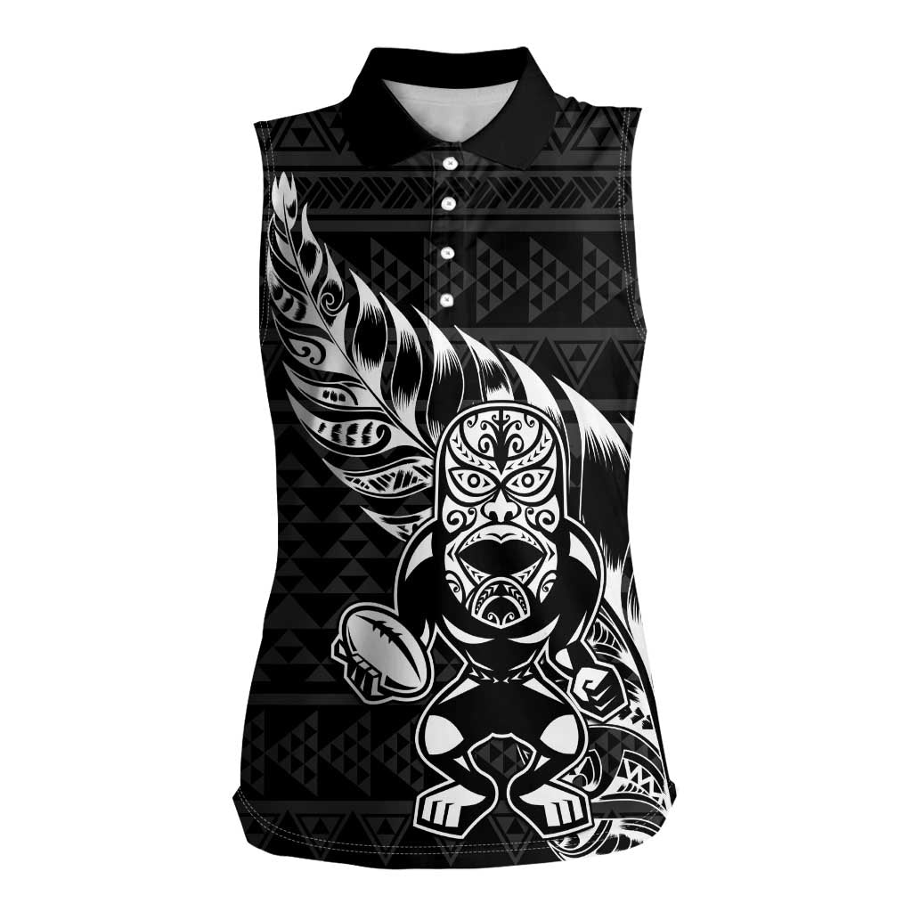New Zealand Rugby Warrior Custom Women Sleeveless Polo Shirt Black Fern Taniko Motif
