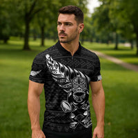 New Zealand Rugby Warrior Custom Zipper Polo Shirt Black Fern Taniko Motif - Polynesian Pride