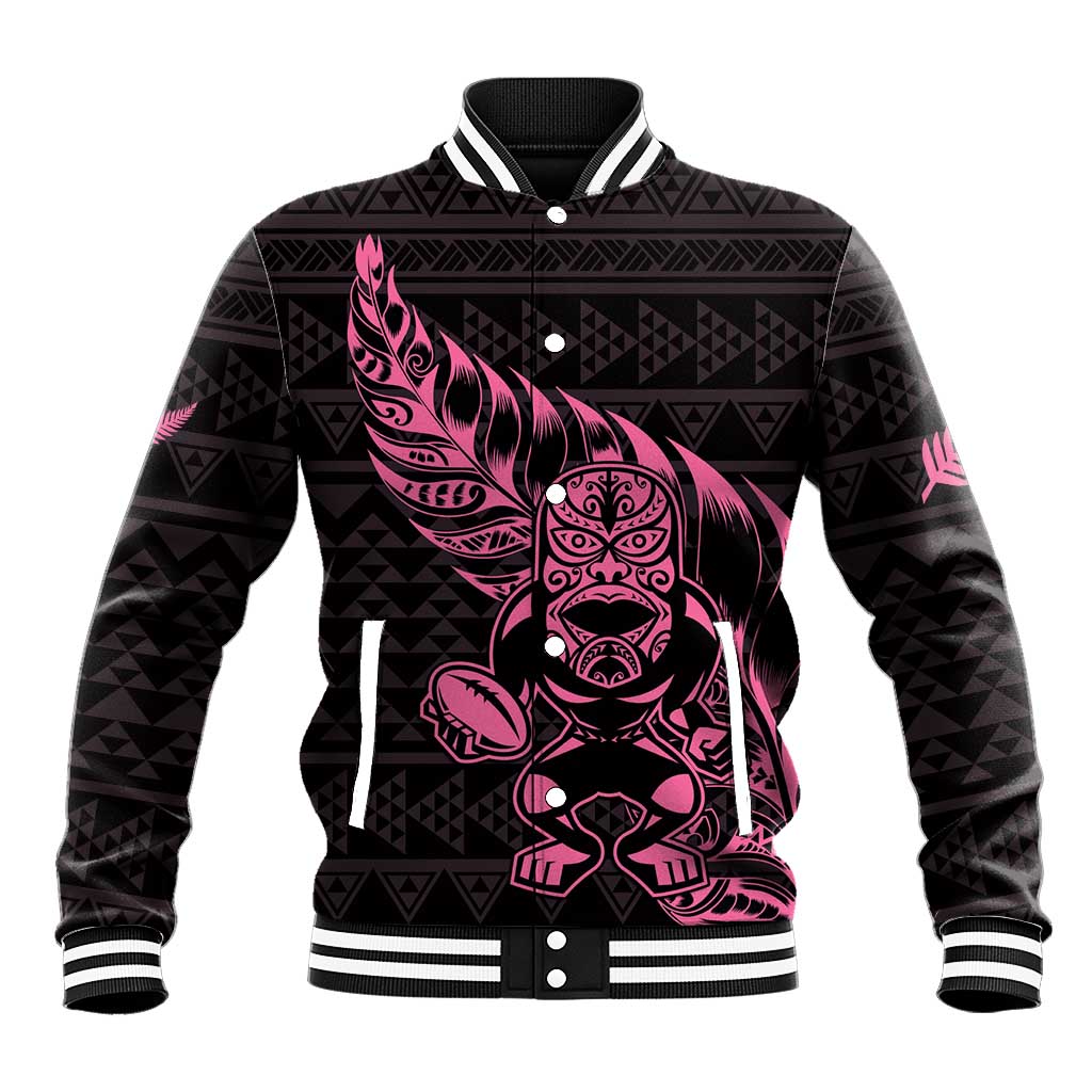 New Zealand Rugby Warrior Custom Baseball Jacket Pink Fern Taniko Motif