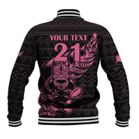 New Zealand Rugby Warrior Custom Baseball Jacket Pink Fern Taniko Motif