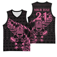New Zealand Rugby Warrior Custom Basketball Jersey Pink Fern Taniko Motif - Polynesian Pride