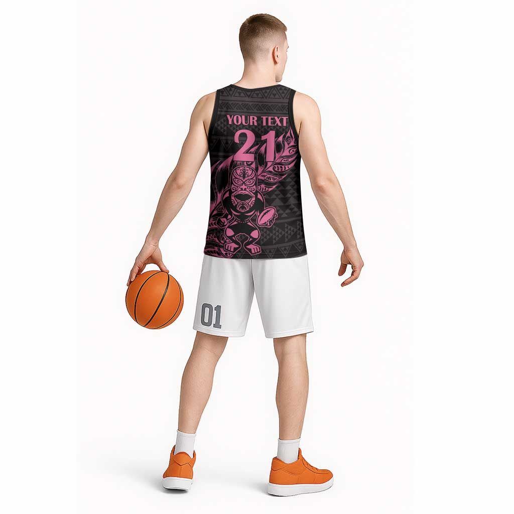 New Zealand Rugby Warrior Custom Basketball Jersey Pink Fern Taniko Motif - Polynesian Pride