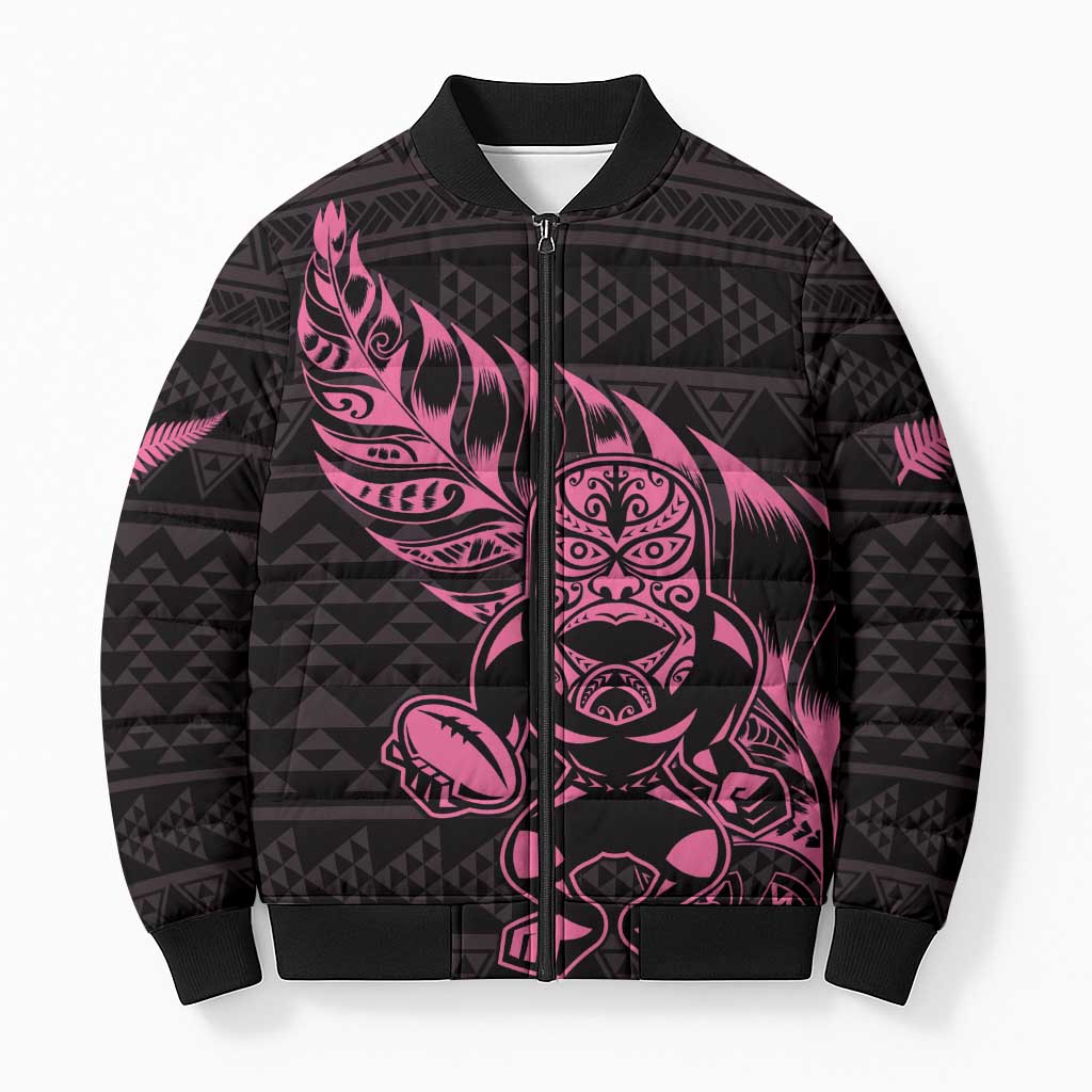 New Zealand Rugby Warrior Custom Bomber Puffer Jacket Pink Fern Taniko Motif - Polynesian Pride