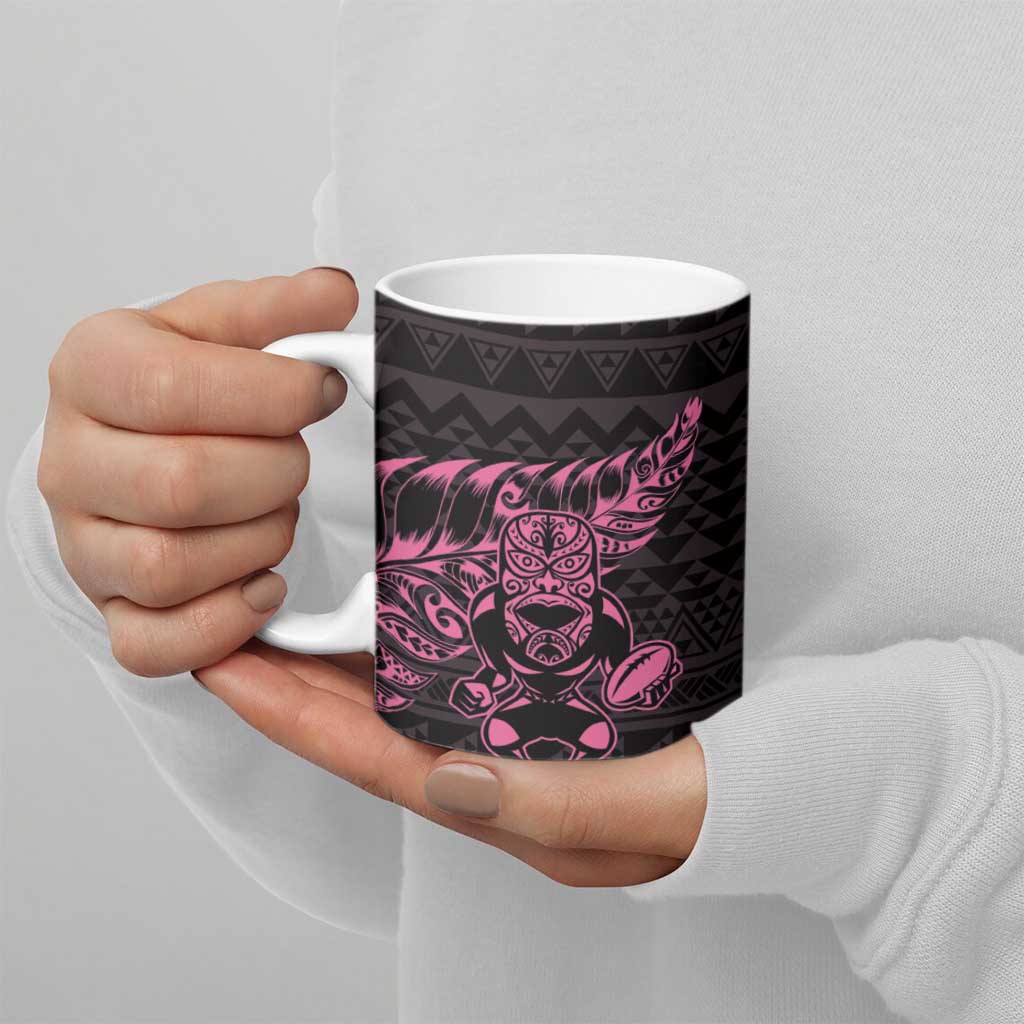 New Zealand Rugby Warrior Custom Ceramic Mug Pink Fern Taniko Motif - Polynesian Pride