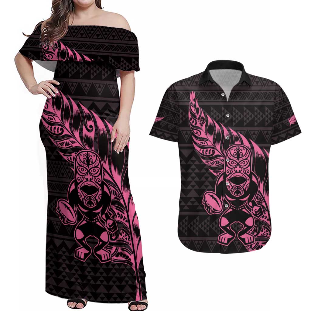 New Zealand Rugby Warrior Custom Couples Matching Off Shoulder Maxi Dress and Hawaiian Shirt Pink Fern Taniko Motif