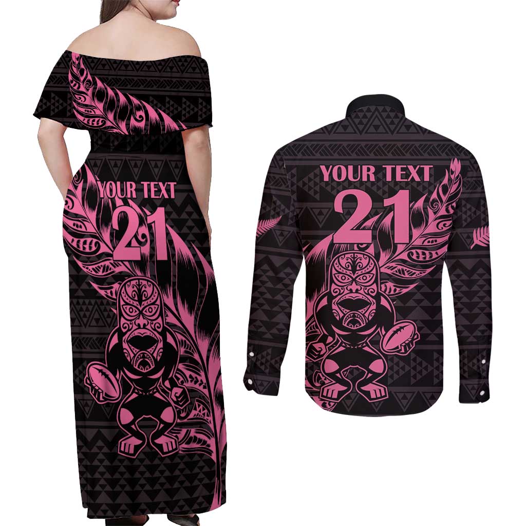New Zealand Rugby Warrior Custom Couples Matching Off Shoulder Maxi Dress and Long Sleeve Button Shirt Pink Fern Taniko Motif