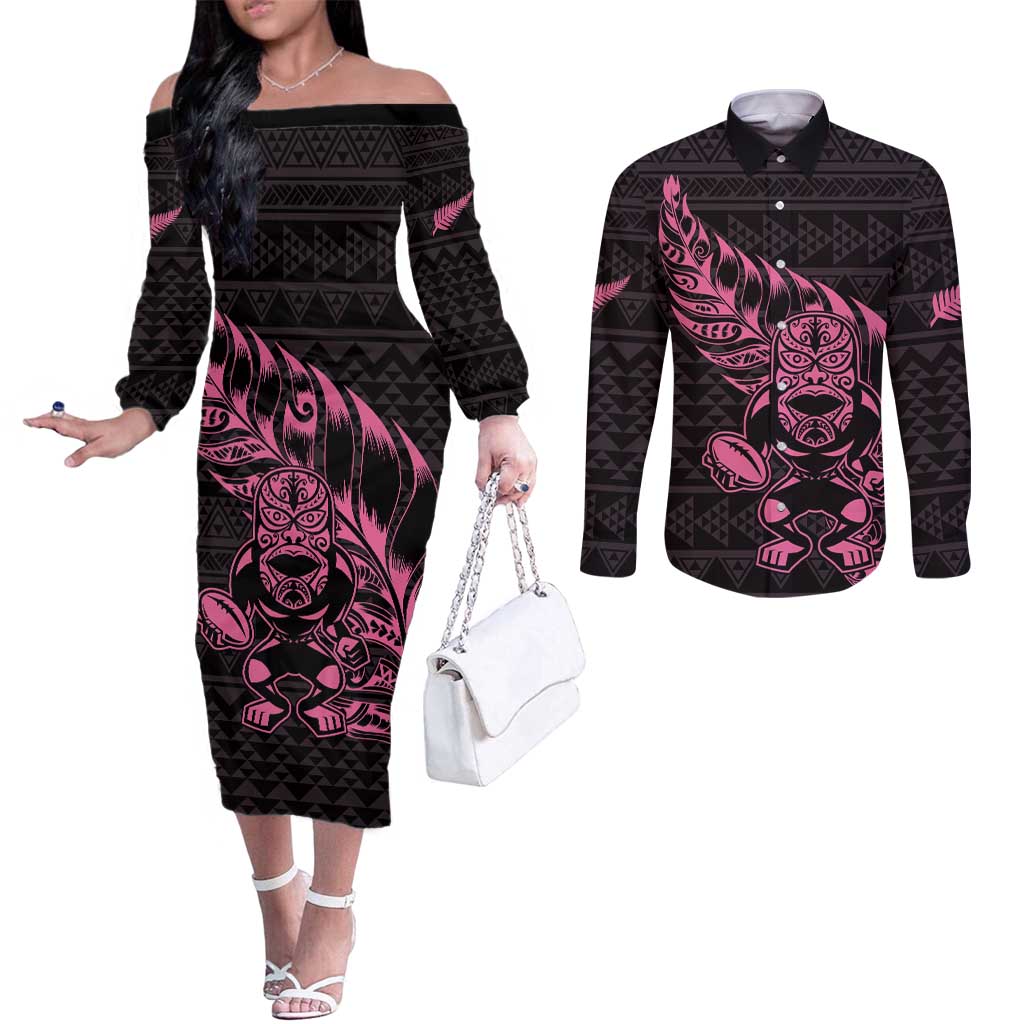 New Zealand Rugby Warrior Custom Couples Matching Off The Shoulder Long Sleeve Dress and Long Sleeve Button Shirt Pink Fern Taniko Motif