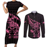 New Zealand Rugby Warrior Custom Couples Matching Short Sleeve Bodycon Dress and Long Sleeve Button Shirt Pink Fern Taniko Motif