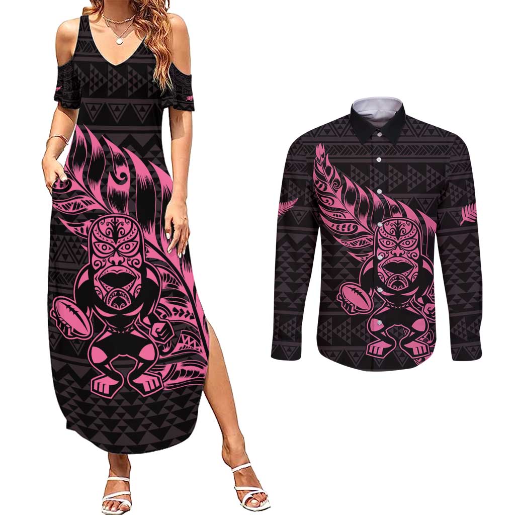 New Zealand Rugby Warrior Custom Couples Matching Summer Maxi Dress and Long Sleeve Button Shirt Pink Fern Taniko Motif