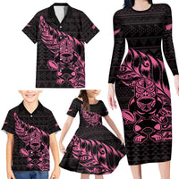 New Zealand Rugby Warrior Custom Family Matching Long Sleeve Bodycon Dress and Hawaiian Shirt Pink Fern Taniko Motif