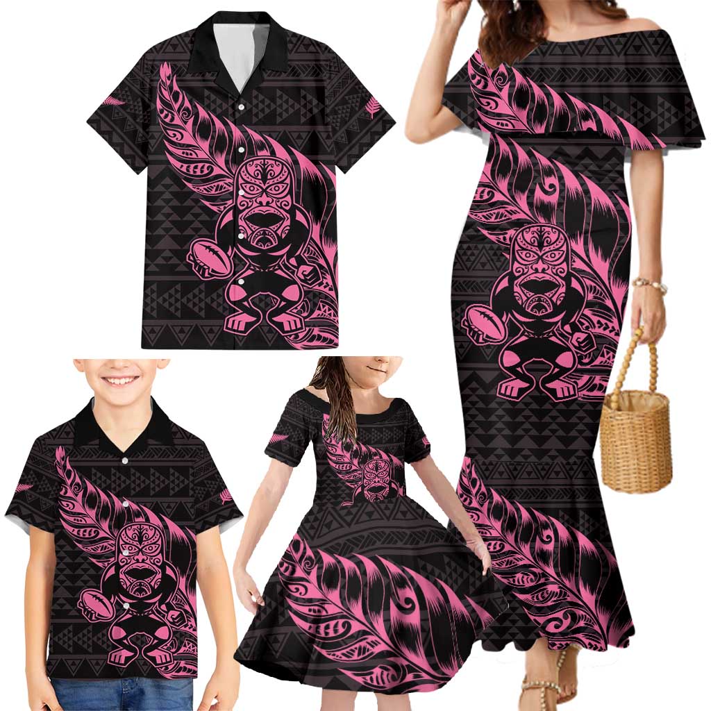 New Zealand Rugby Warrior Custom Family Matching Mermaid Dress and Hawaiian Shirt Pink Fern Taniko Motif