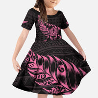 New Zealand Rugby Warrior Custom Family Matching Off Shoulder Maxi Dress and Hawaiian Shirt Pink Fern Taniko Motif