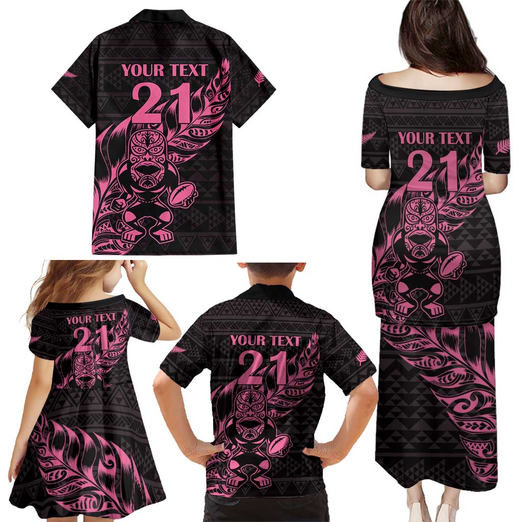 New Zealand Rugby Warrior Custom Family Matching Puletasi and Hawaiian Shirt Pink Fern Taniko Motif