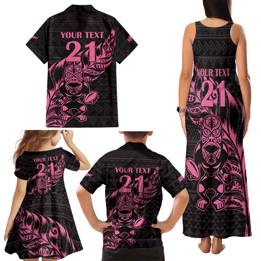 New Zealand Rugby Warrior Custom Family Matching Tank Maxi Dress and Hawaiian Shirt Pink Fern Taniko Motif