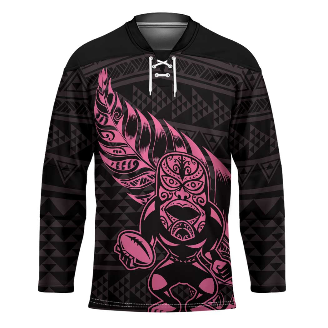 New Zealand Rugby Warrior Custom Hockey Jersey Pink Fern Taniko Motif - Polynesian Pride