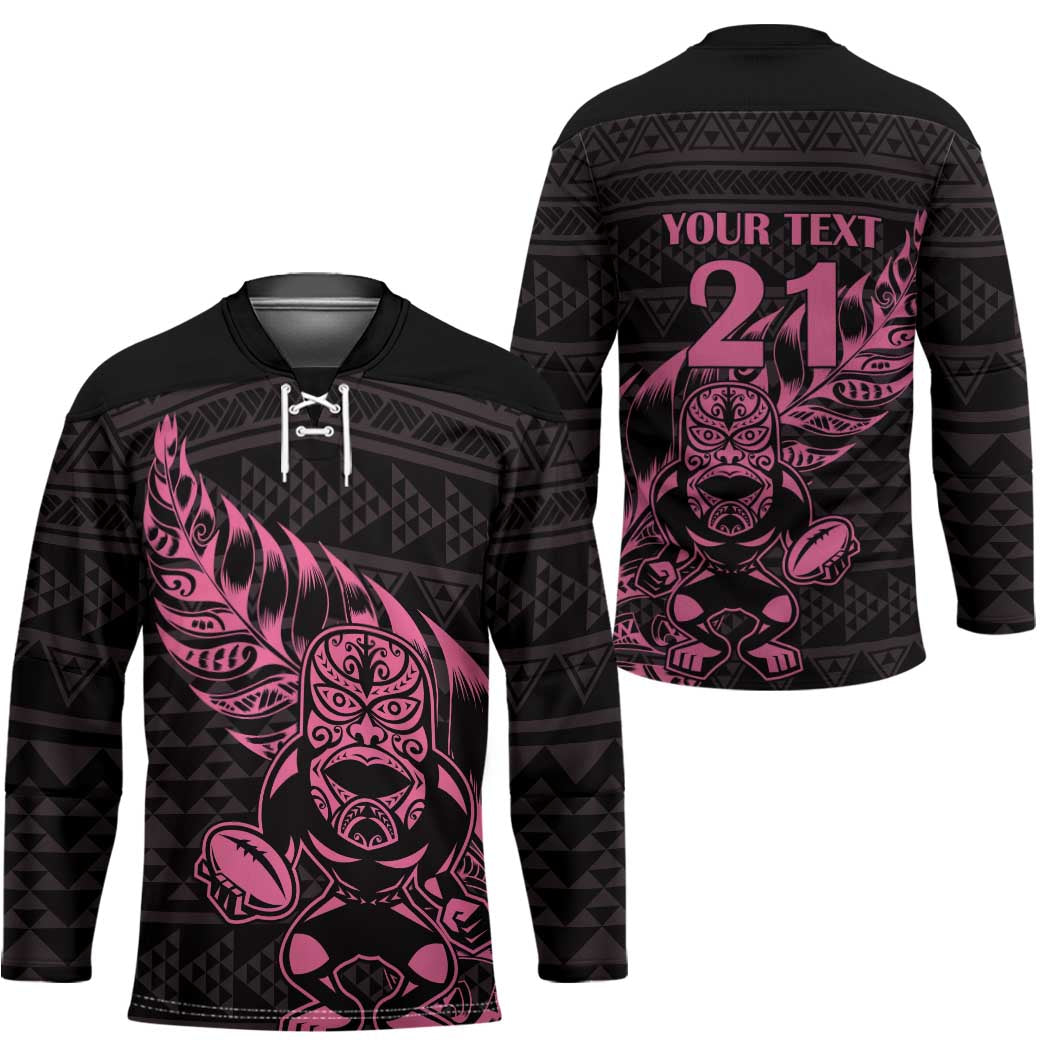 New Zealand Rugby Warrior Custom Hockey Jersey Pink Fern Taniko Motif - Polynesian Pride