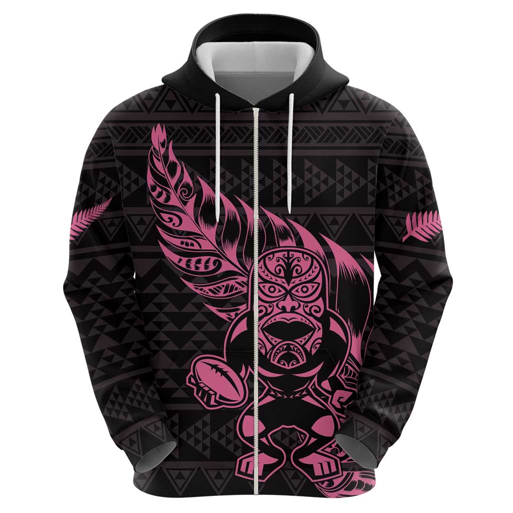 New Zealand Rugby Warrior Custom Hoodie Pink Fern Taniko Motif